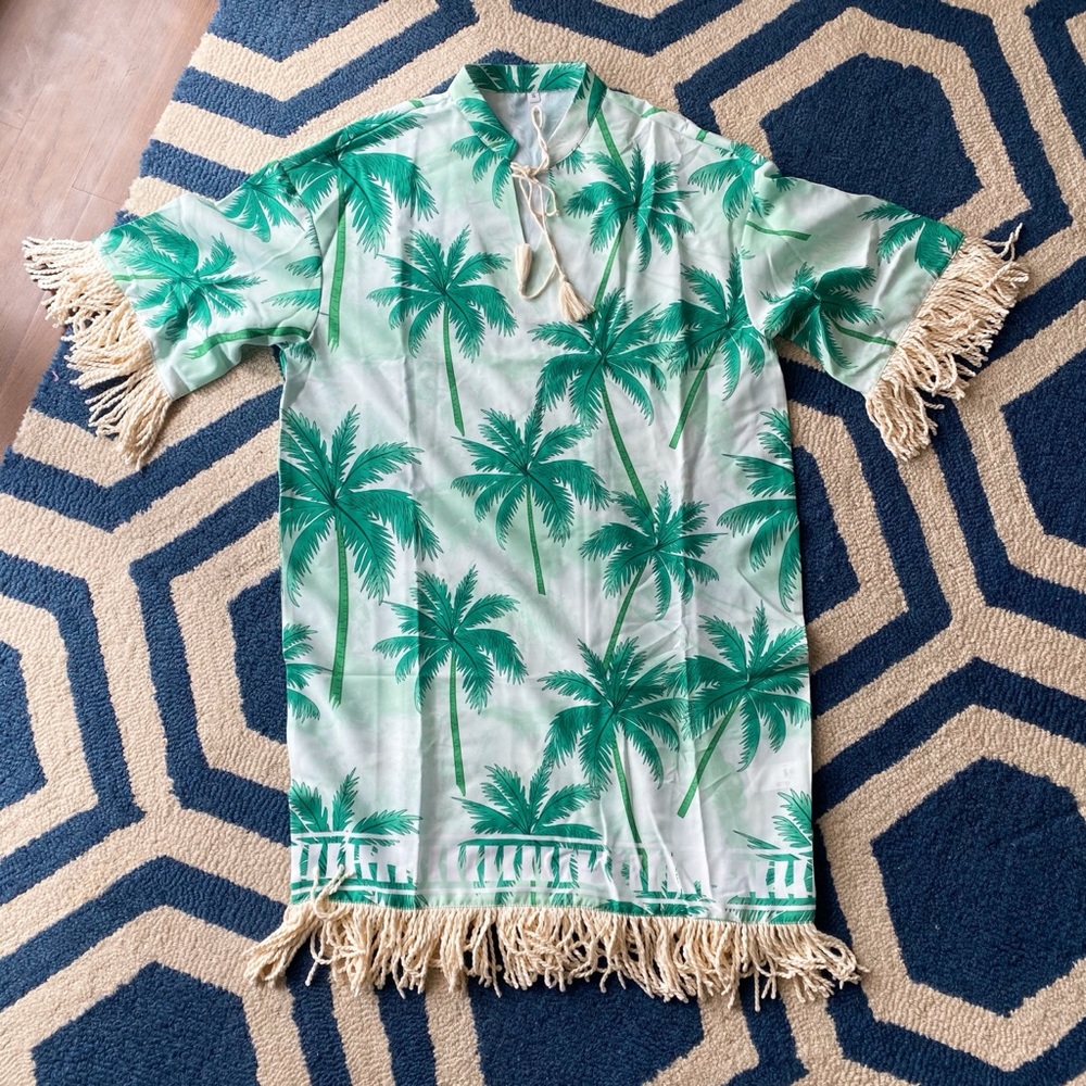 🏝 BOHO GREEN PALM PRINT FRINGE LOOSE FIT DRESS! - Picture 9 of 10